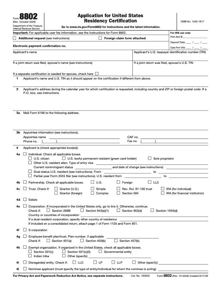 Page 1 of 3 of the official IRS Form 8802 PDF (Rev. October 2026)