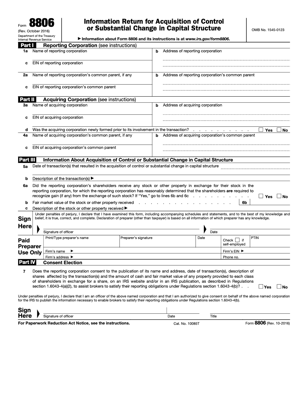 Page 2 of 4 of the official IRS Form 8806 PDF (Rev. October 2016): Parts I, II, III, IV