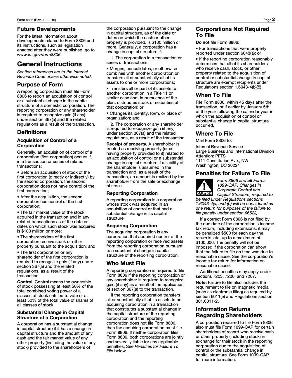 Page 3 of 4 of the official IRS Form 8806 PDF (Rev. October 2016): instructions