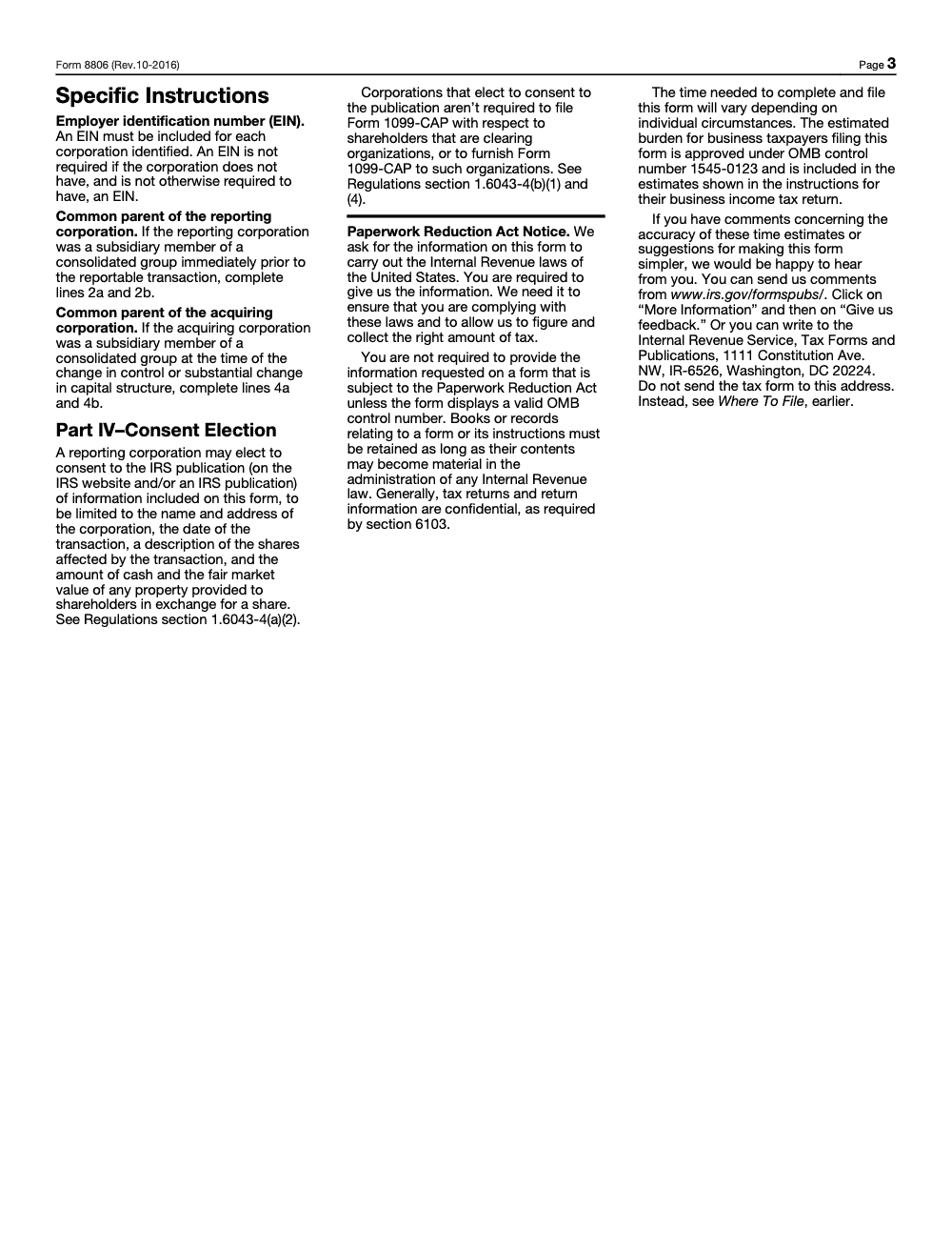 Page 4 of 4 of the official IRS Form 8806 PDF (Rev. October 2016): Part IV; instructions