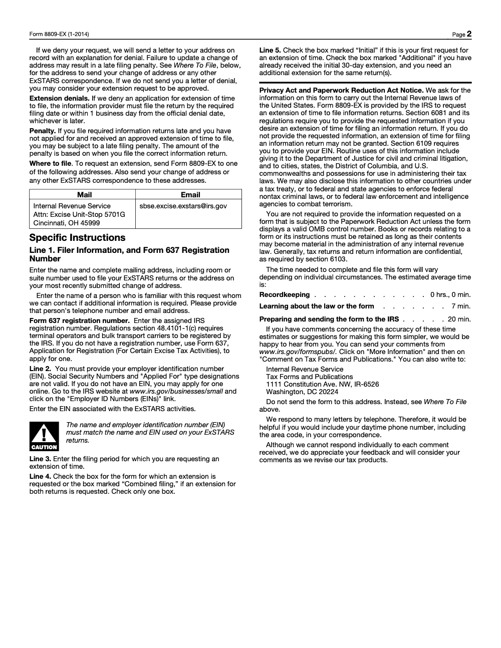 Page 2 of 2 of the official IRS Form 8809-EX PDF (January 2014 edition): instructions