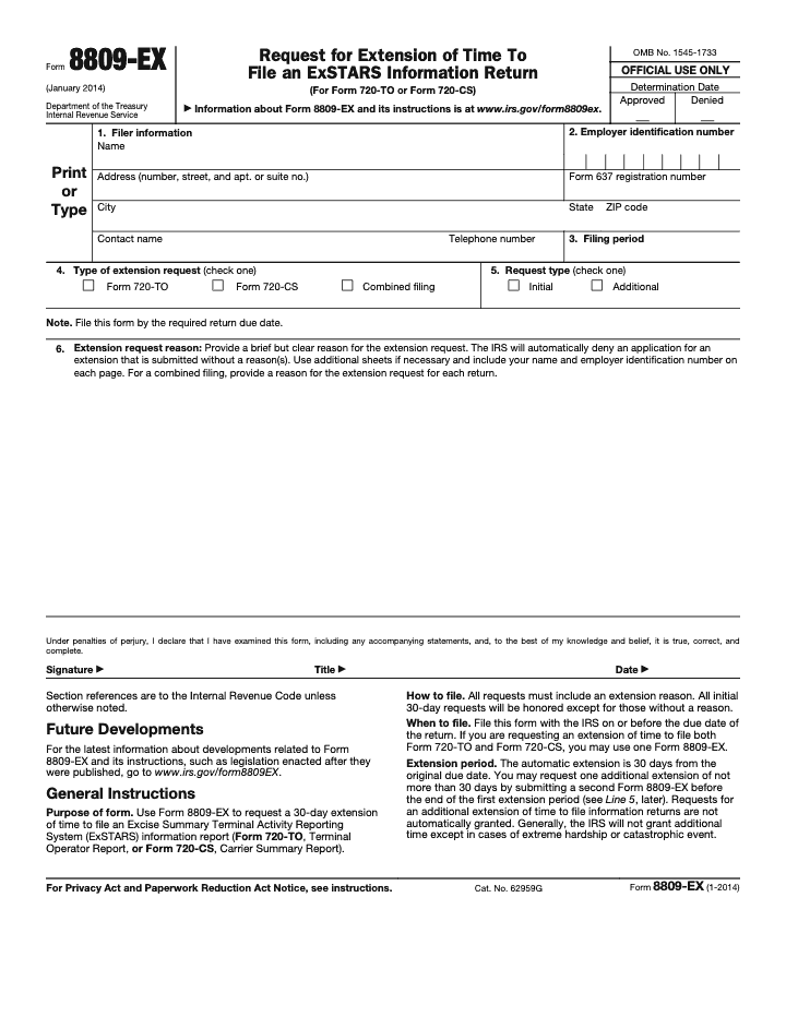 Page 1 of 2 of the official IRS Form 8809-EX PDF (January 2014 edition): instructions