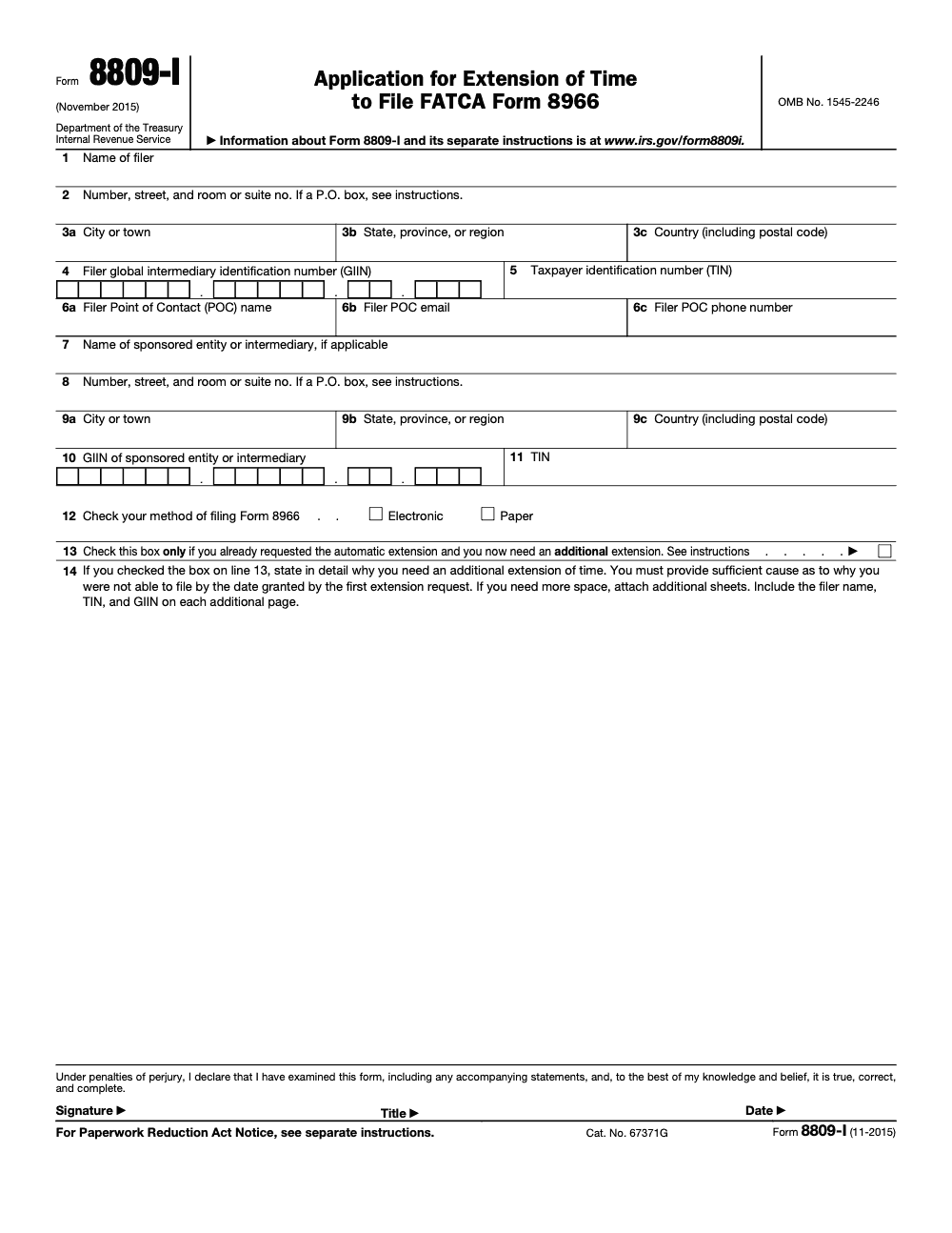 Page 1 of 1 of the official IRS Form 8809‑I PDF (November 2015 edition)