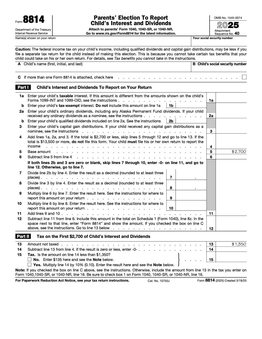 Page 1 of 1 of the official IRS Form 8814 PDF (2025 edition): Part I