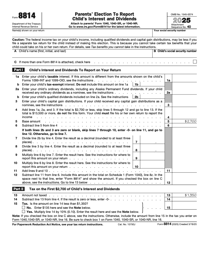 Page 1 of 1 of the official IRS Form 8814 PDF (2025 edition): Part I