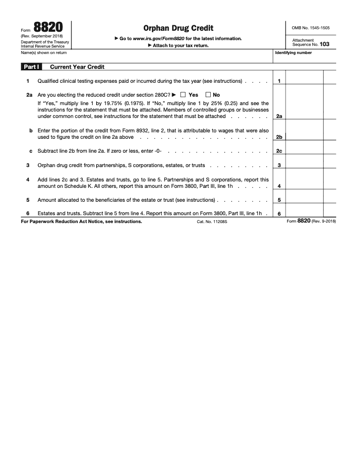 Page 1 of 4 of the official IRS Form 8820 PDF (Rev. September 2018): Parts I, III