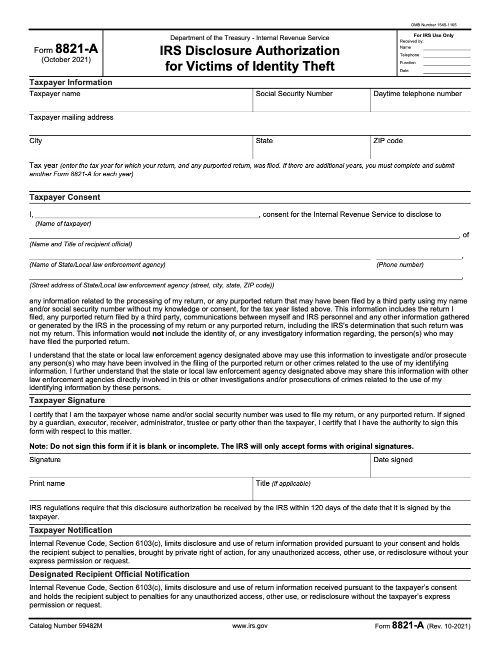 Page 1 of 2 of the official IRS Form 8821-A PDF (Rev. October 2021)