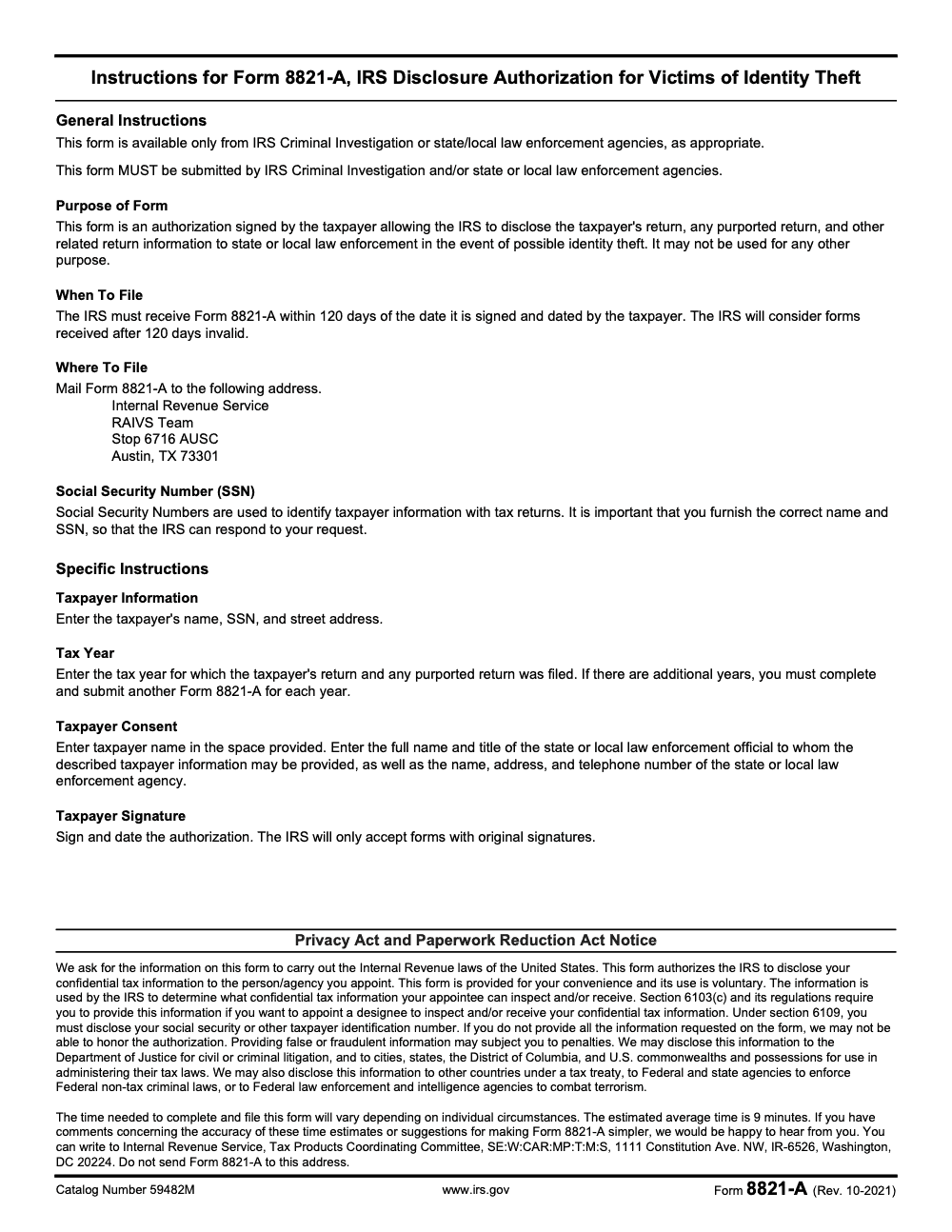 Page 2 of 2 of the official IRS Form 8821-A PDF (Rev. October 2021): instructions