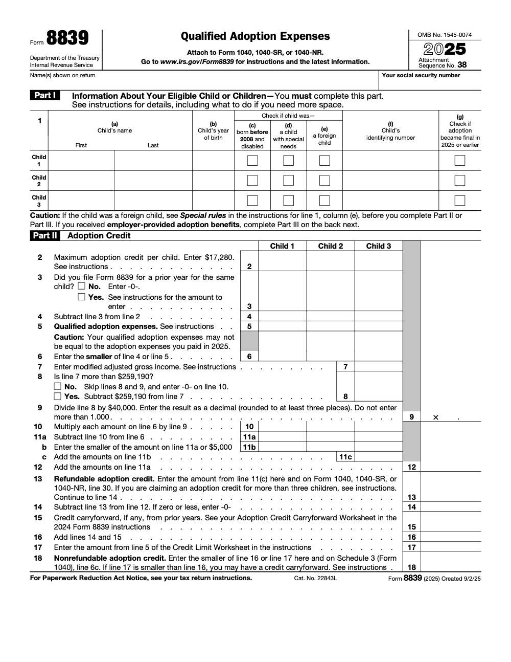 Page 1 of 2 of the official IRS Form 8839 PDF (2025 edition): Parts I, II, III
