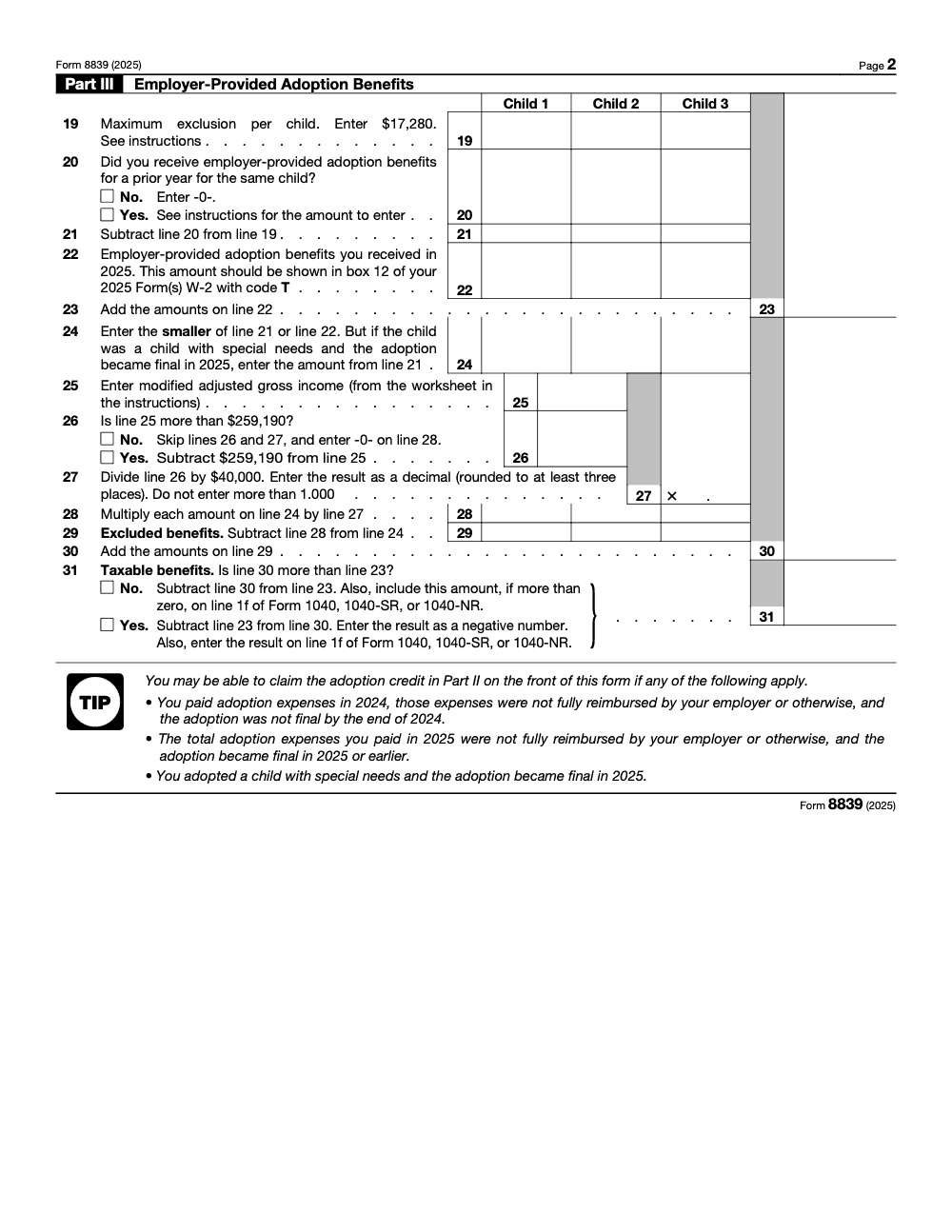 Page 2 of 2 of the official IRS Form 8839 PDF (2025 edition): Parts III, II