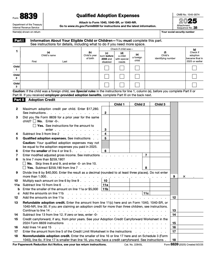 Page 1 of 2 of the official IRS Form 8839 PDF (2025 edition): Parts I, II, III