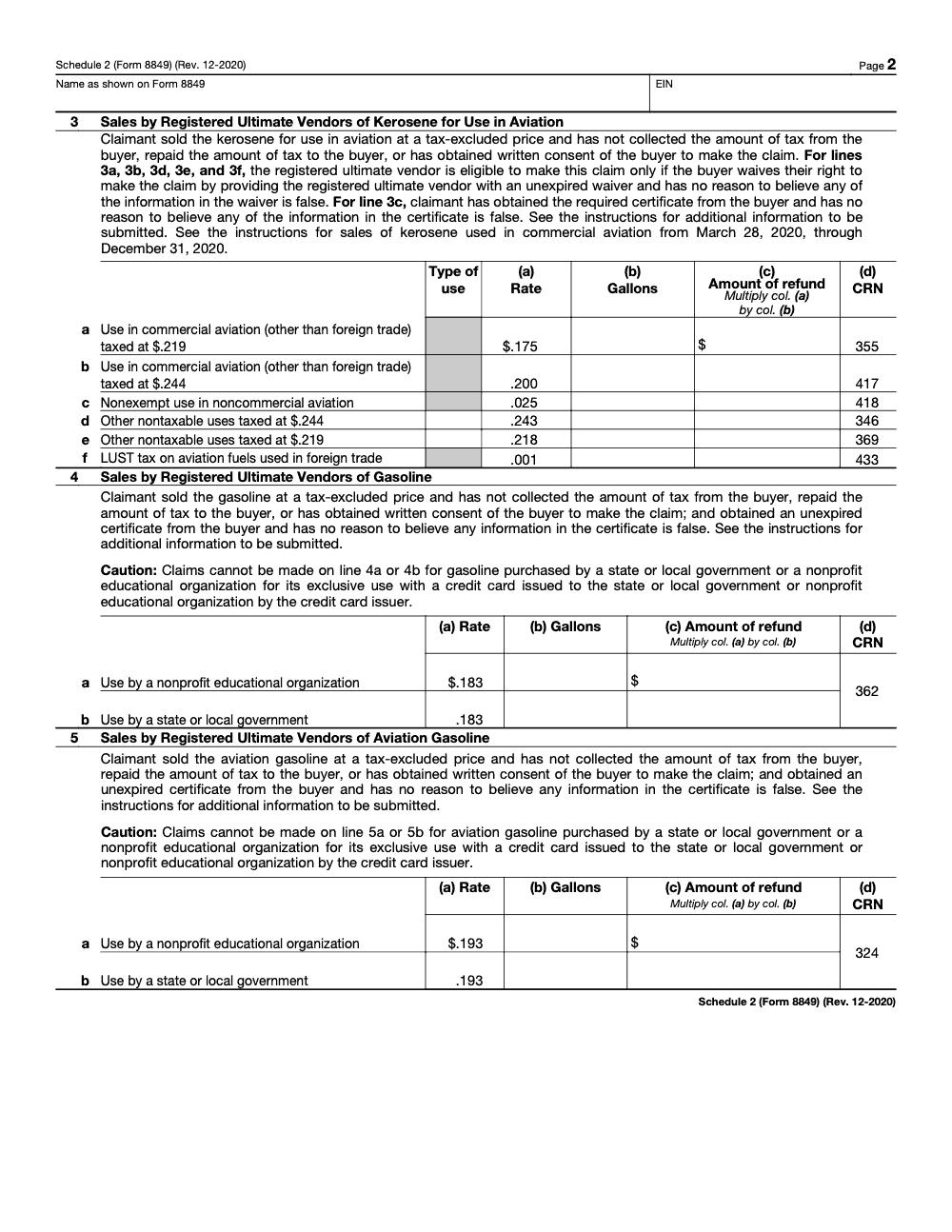 Page 2 of 5 of the official IRS Form 8849 Schedule 2 PDF (Rev. December 2020)