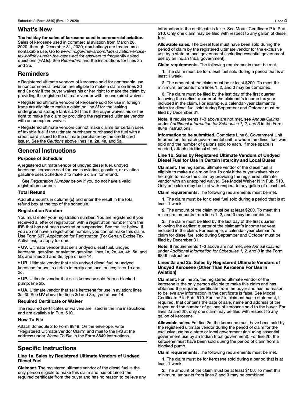 Page 4 of 5 of the official IRS Form 8849 Schedule 2 PDF (Rev. December 2020): instructions