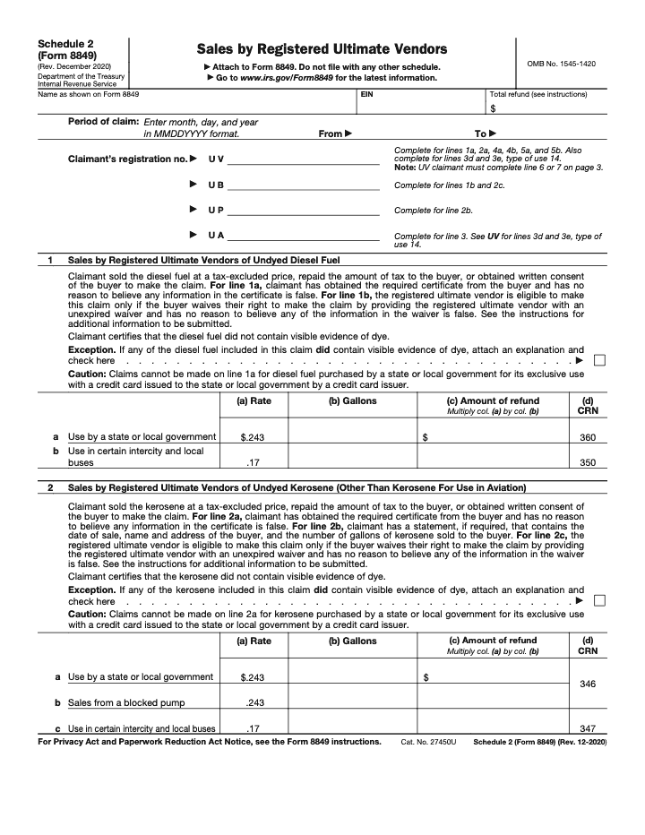 Page 1 of 5 of the official IRS Form 8849 Schedule 2 PDF (Rev. December 2020)