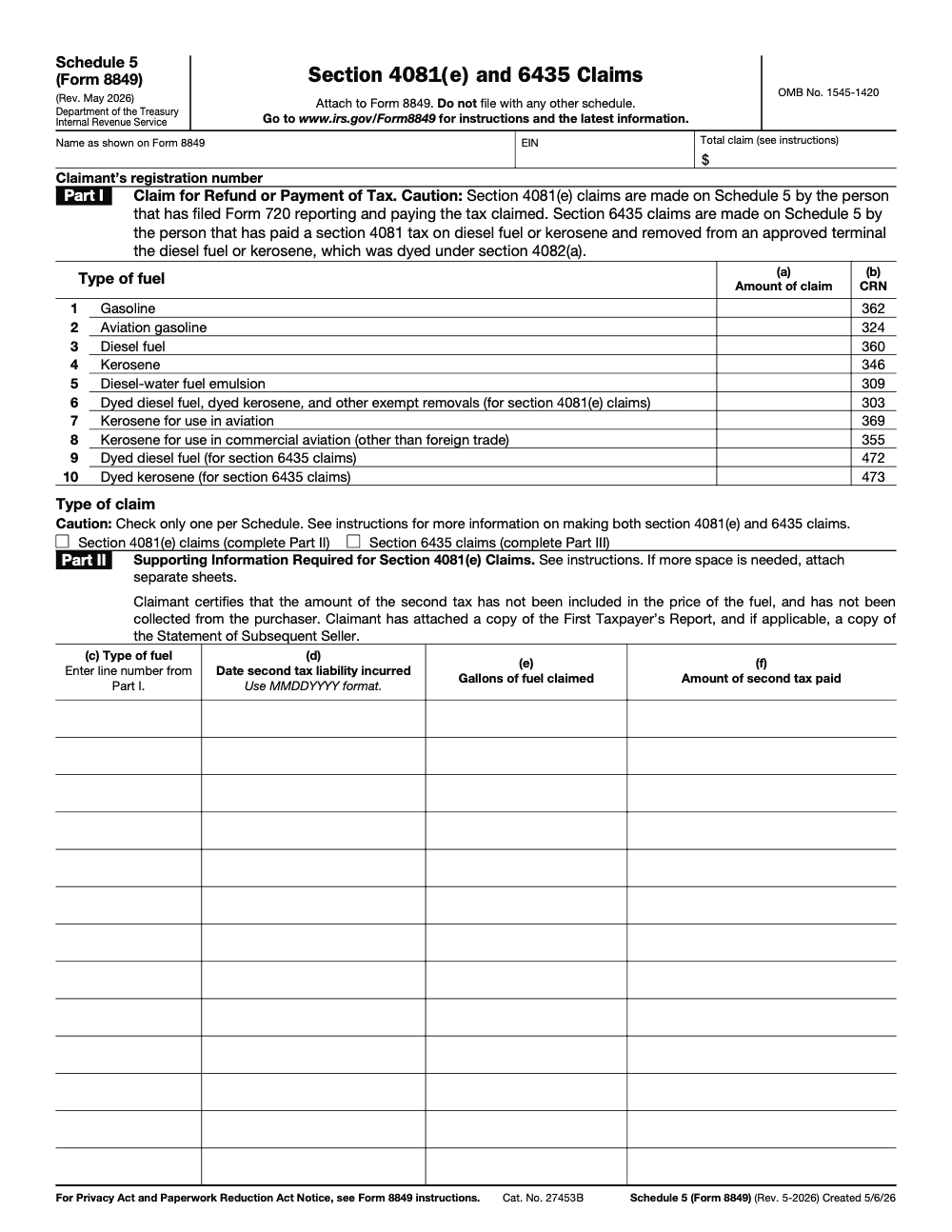 Page 1 of 2 of the official IRS Form 8849 Schedule 5 PDF (Rev. May 2026): Parts I, II, III