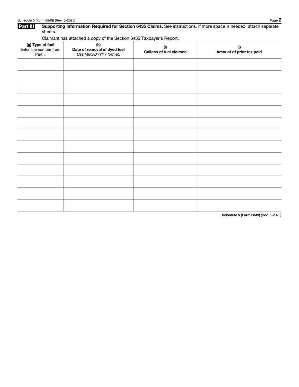 Page 2 of 2 of the official IRS Form 8849 Schedule 5 PDF (Rev. May 2026): Parts III, I