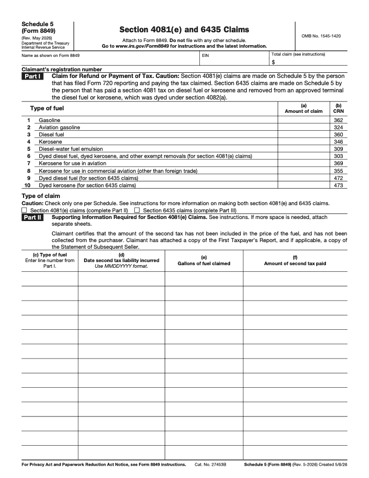 Page 1 of 2 of the official IRS Form 8849 Schedule 5 PDF (Rev. May 2026): Parts I, II, III