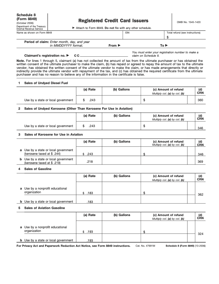 Page 1 of 2 of the official IRS Form 8849 (Schedule 8) PDF (Rev. October 2006)