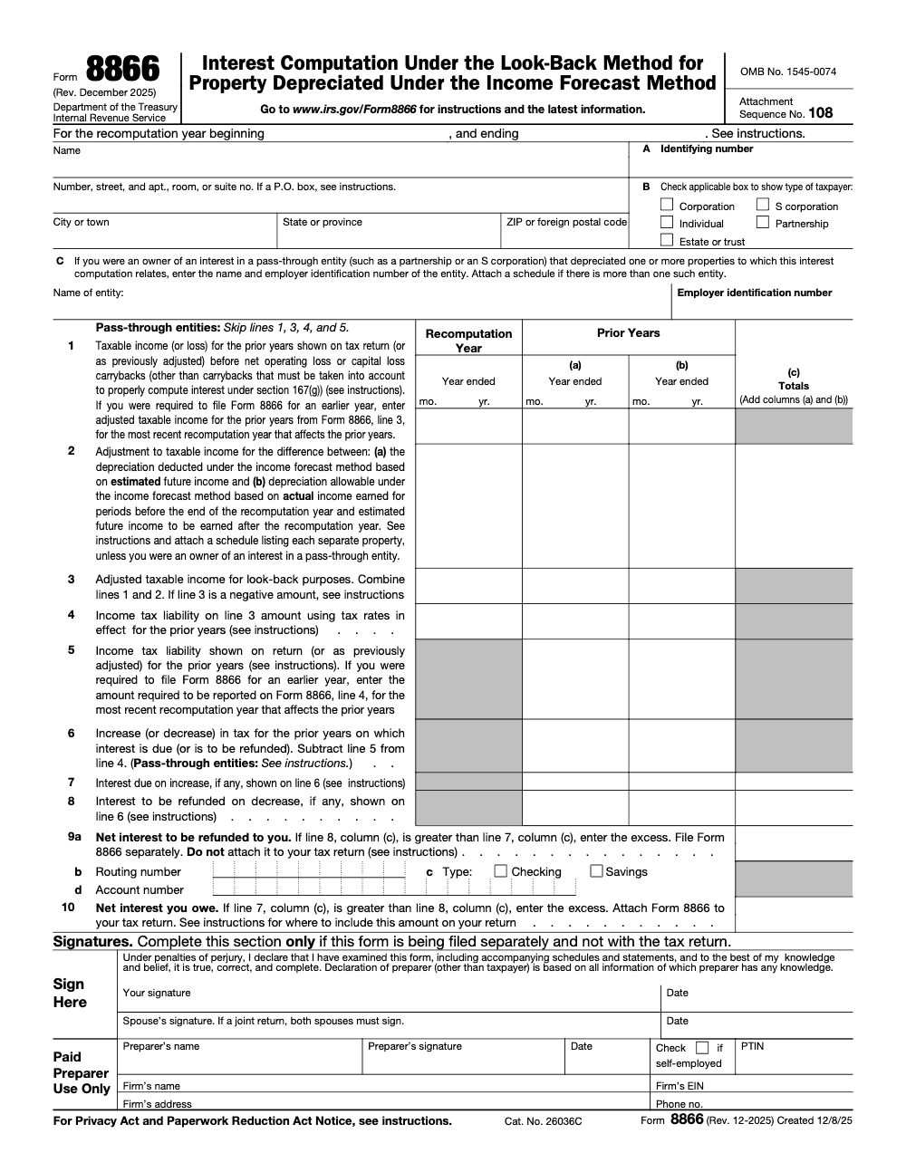 Page 1 of 1 of the official IRS Form 8866 PDF (Rev. December 2025)