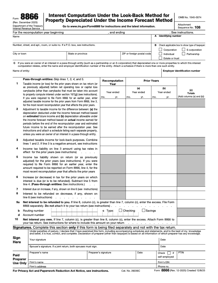Page 1 of 1 of the official IRS Form 8866 PDF (Rev. December 2025)
