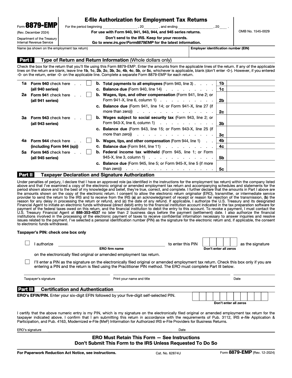 Page 1 of 2 of the official IRS Form 8879-EMP e-File Signature Guide for 94x Returns PIN PDF (Rev. December 2024): Parts I, II