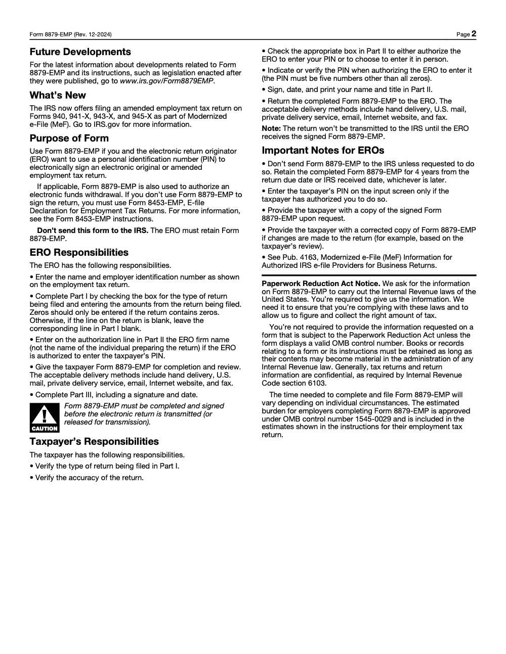 Page 2 of 2 of the official IRS Form 8879-EMP e-File Signature Guide for 94x Returns PIN PDF (Rev. December 2024): Parts I, II, III