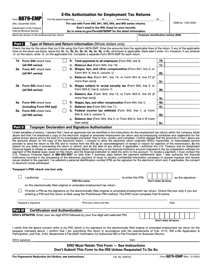 Page 1 of 2 of the official IRS Form 8879-EMP e-File Signature Guide for 94x Returns PIN PDF (Rev. December 2024): Parts I, II