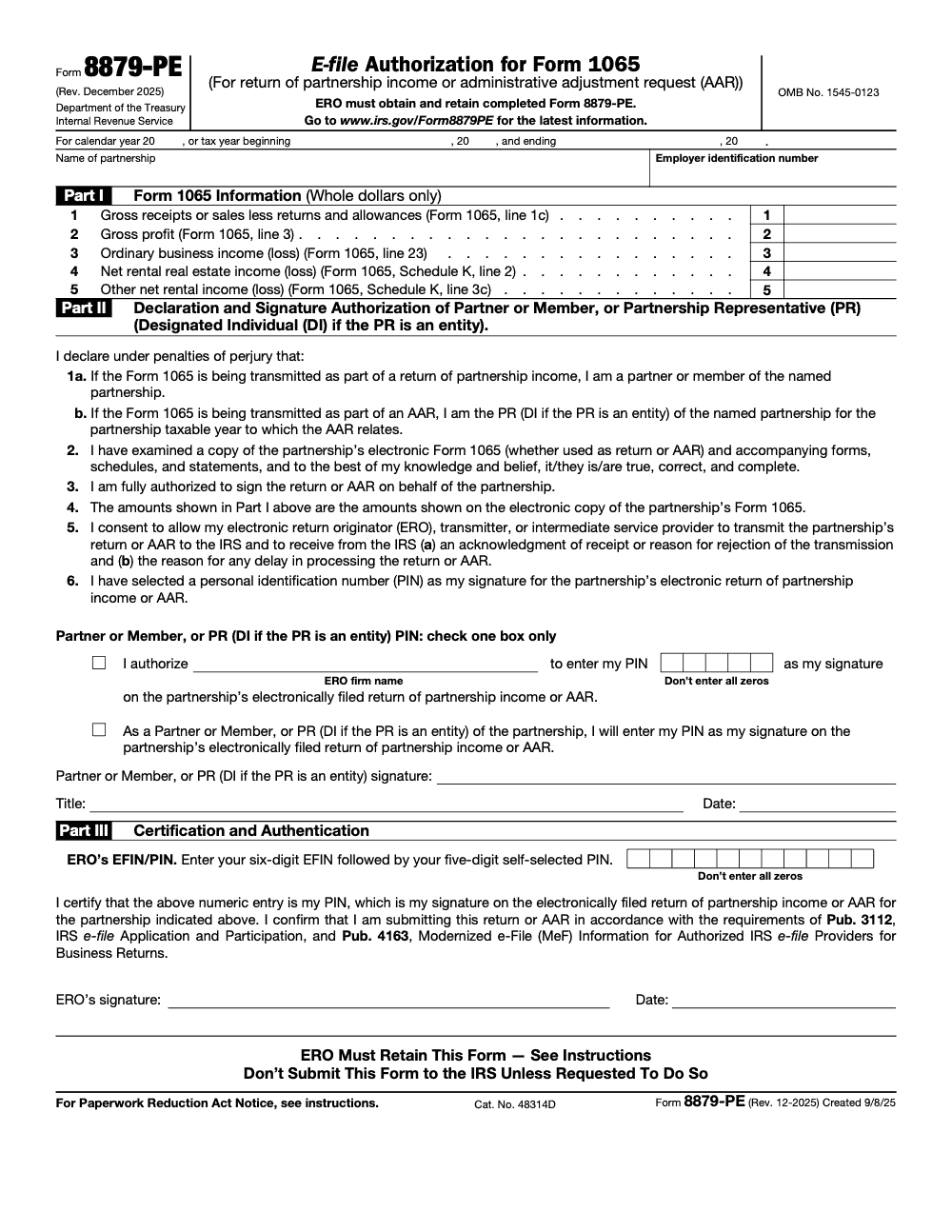 Page 1 of 2 of the official IRS Form 8879-PE PDF (Rev. December 2025): Parts I, II