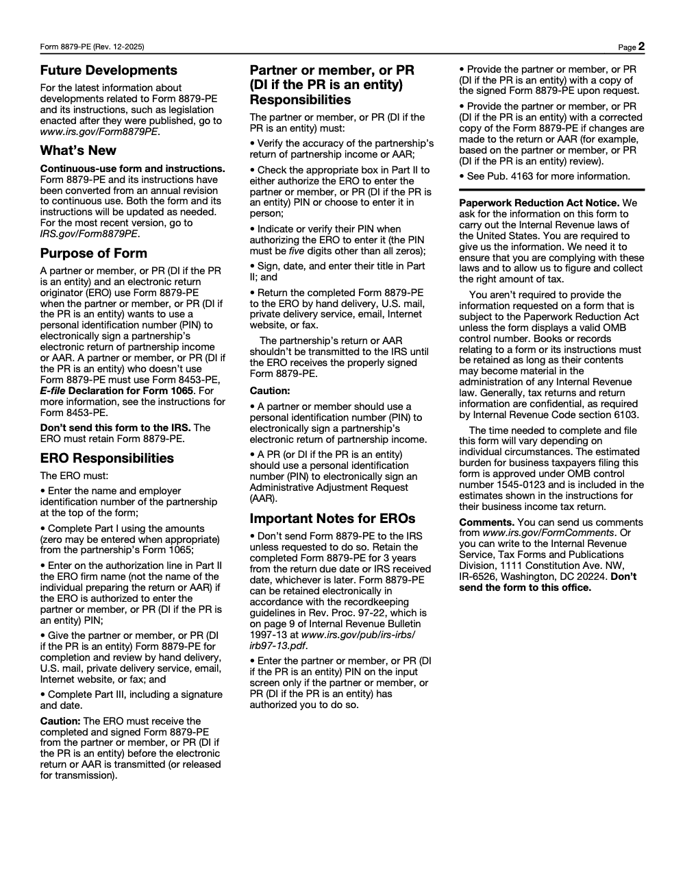 Page 2 of 2 of the official IRS Form 8879-PE PDF (Rev. December 2025): Parts I, II, III