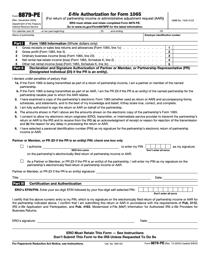 Page 1 of 2 of the official IRS Form 8879-PE PDF (Rev. December 2025): Parts I, II