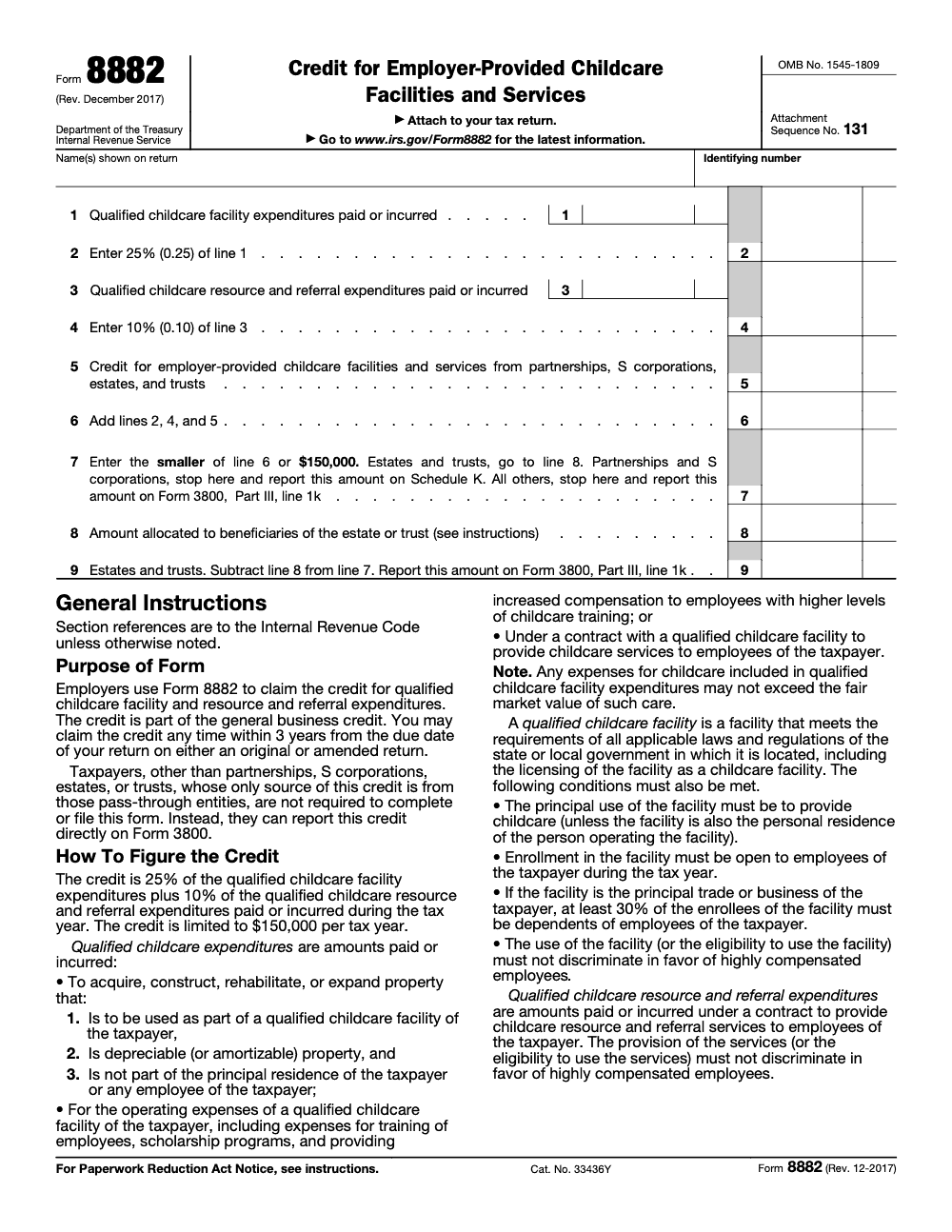 Page 1 of 2 of the official IRS Form 8882 PDF (Rev. December 2017): Part III; instructions