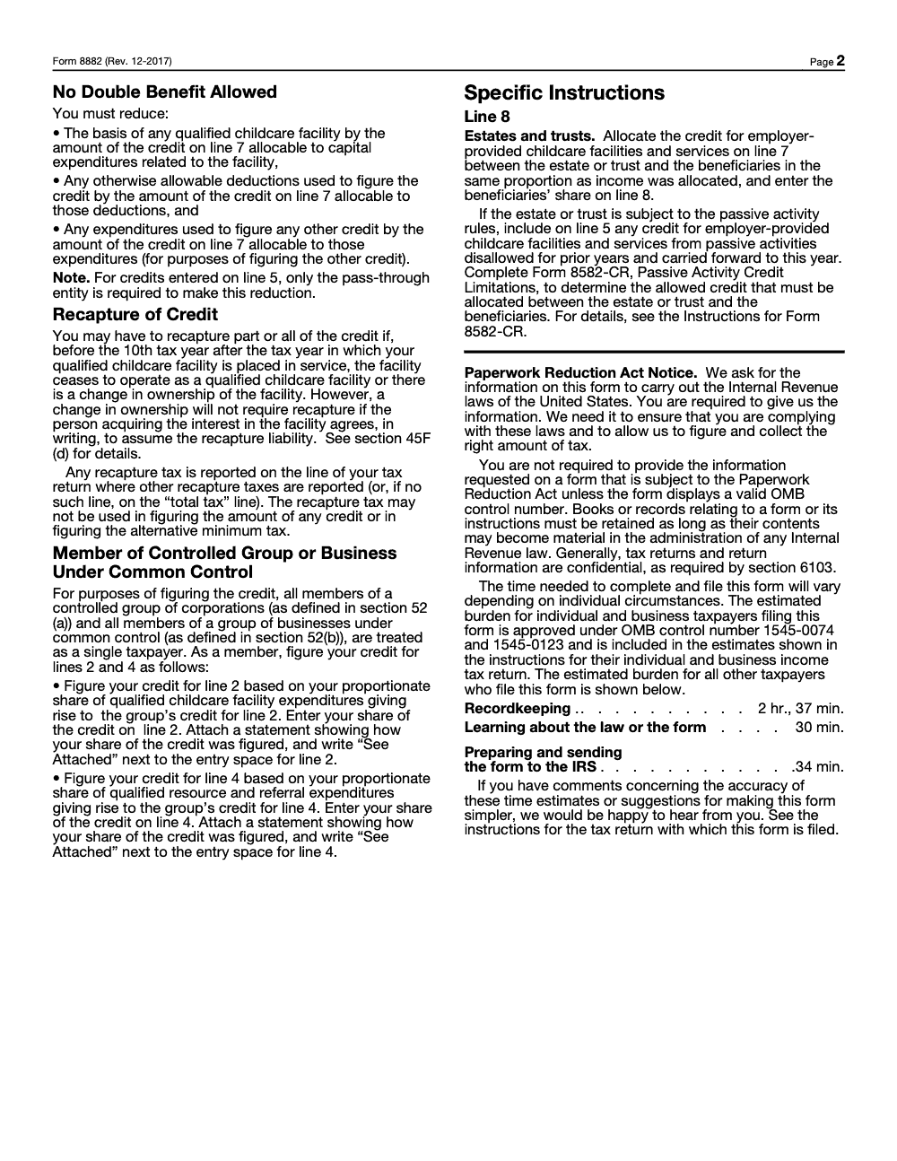 Page 2 of 2 of the official IRS Form 8882 PDF (Rev. December 2017): instructions