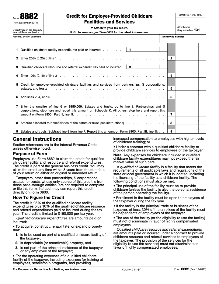 Page 1 of 2 of the official IRS Form 8882 PDF (Rev. December 2017): Part III; instructions