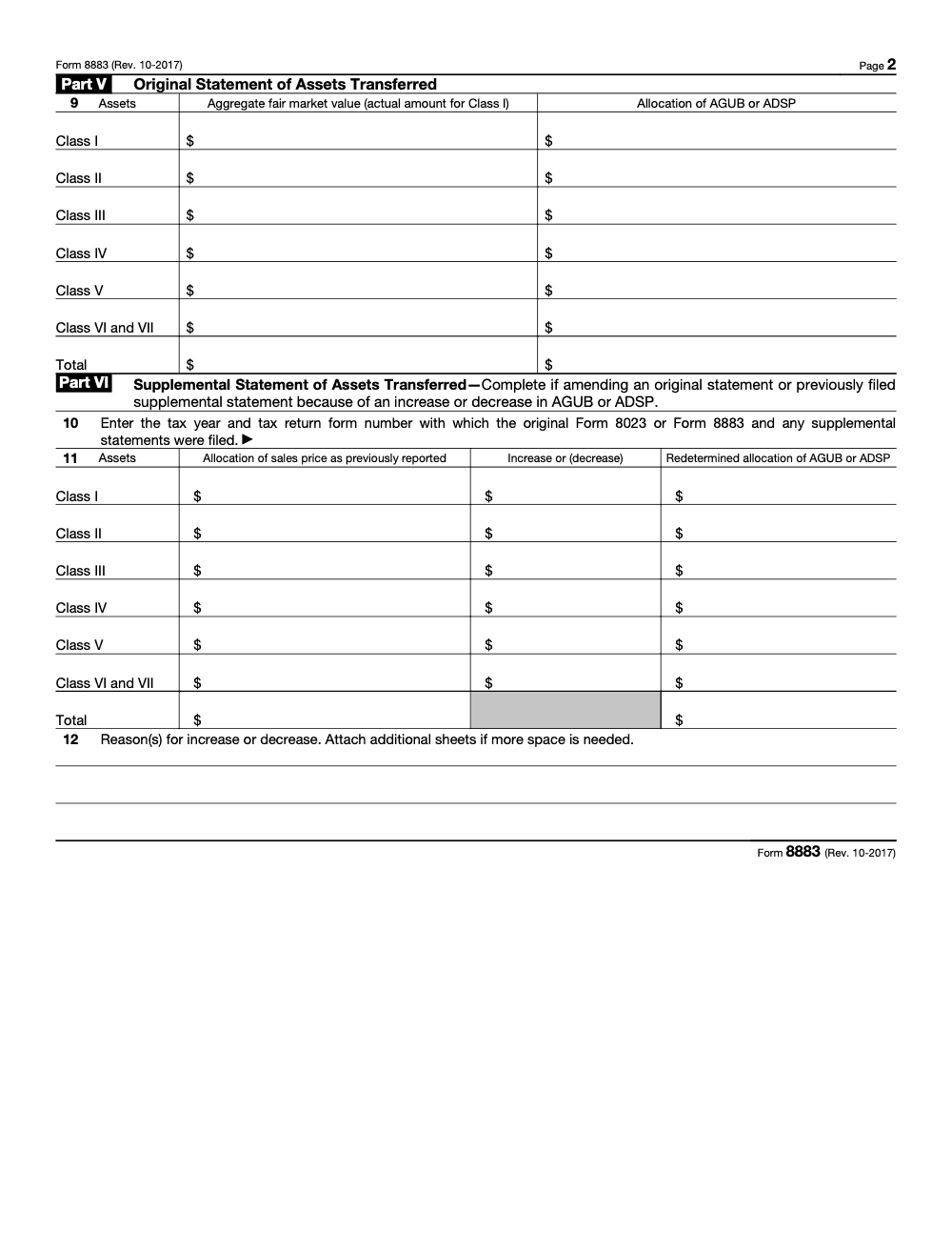 Page 2 of 2 of the official IRS Form 8883 PDF (Rev. October 2017): Parts V, VI