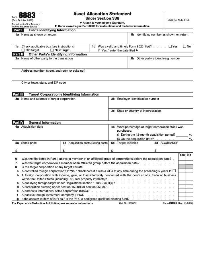 Page 1 of 2 of the official IRS Form 8883 PDF (Rev. October 2017): Parts I, II, III, IV