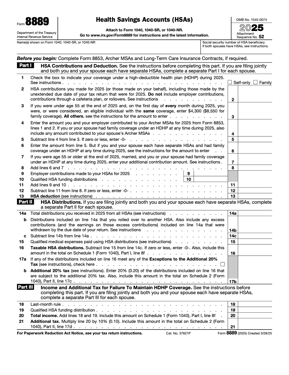 Page 1 of 1 of the official IRS Form 8889 PDF (2025 edition): Part I