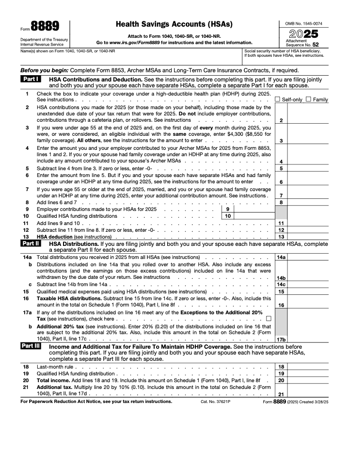 Page 1 of 1 of the official IRS Form 8889 PDF (2025 edition): Part I