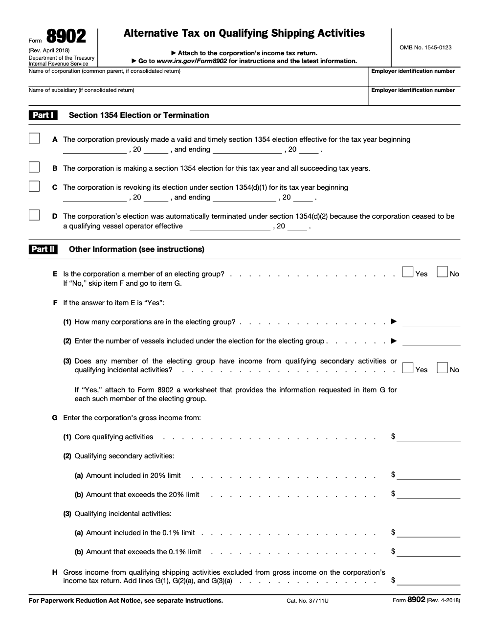 Page 1 of 2 of the official IRS Form 8902 PDF (Rev. April 2018): Parts I, II