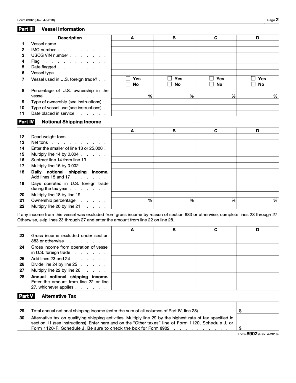 Page 2 of 2 of the official IRS Form 8902 PDF (Rev. April 2018): Parts III, IV, V