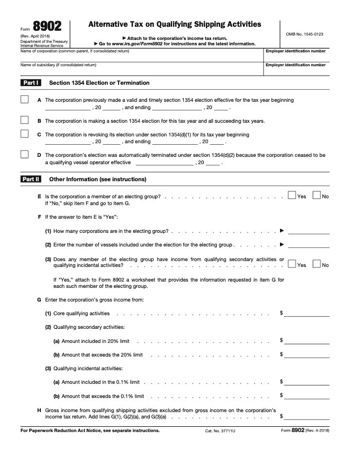 Page 1 of 2 of the official IRS Form 8902 PDF (Rev. April 2018): Parts I, II