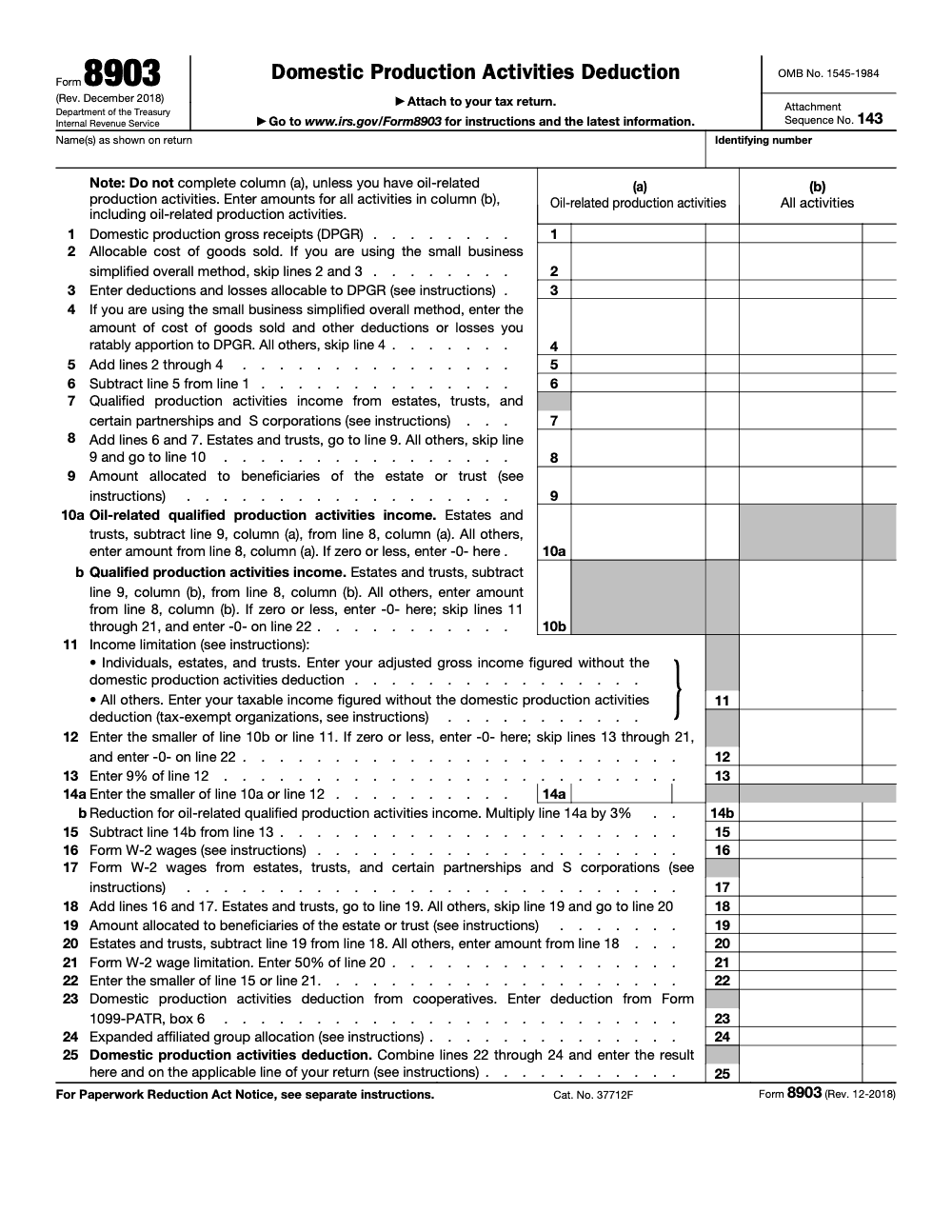 Page 1 of 1 of the official IRS Form 8903 PDF (Rev. December 2018)