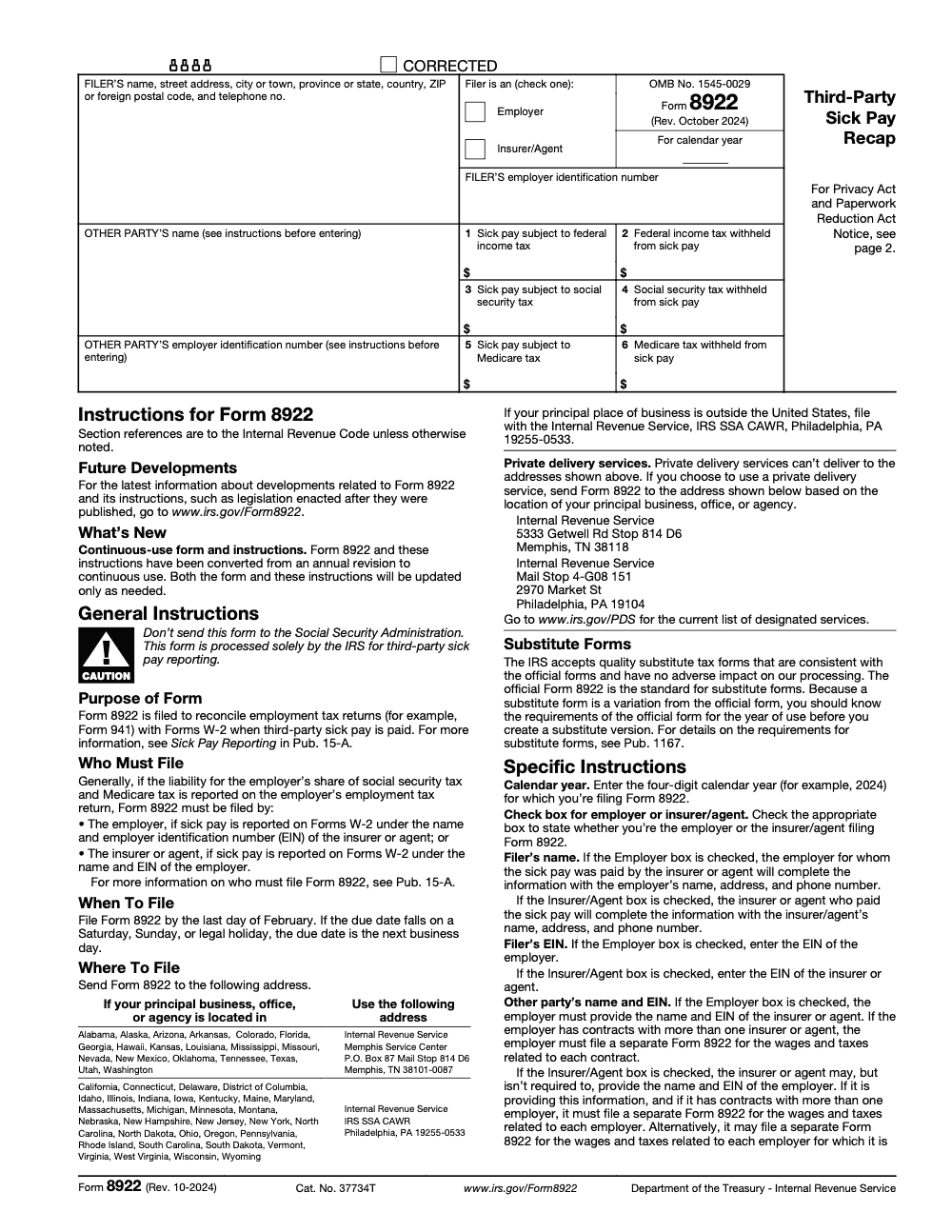 Page 1 of 2 of the official IRS Form 8922 PDF (Rev. October 2024): instructions