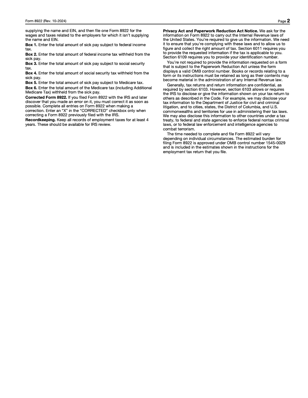 Page 2 of 2 of the official IRS Form 8922 PDF (Rev. October 2024)