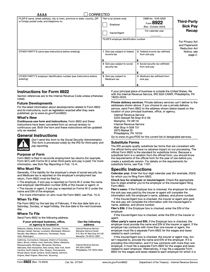 Page 1 of 2 of the official IRS Form 8922 PDF (Rev. October 2024): instructions
