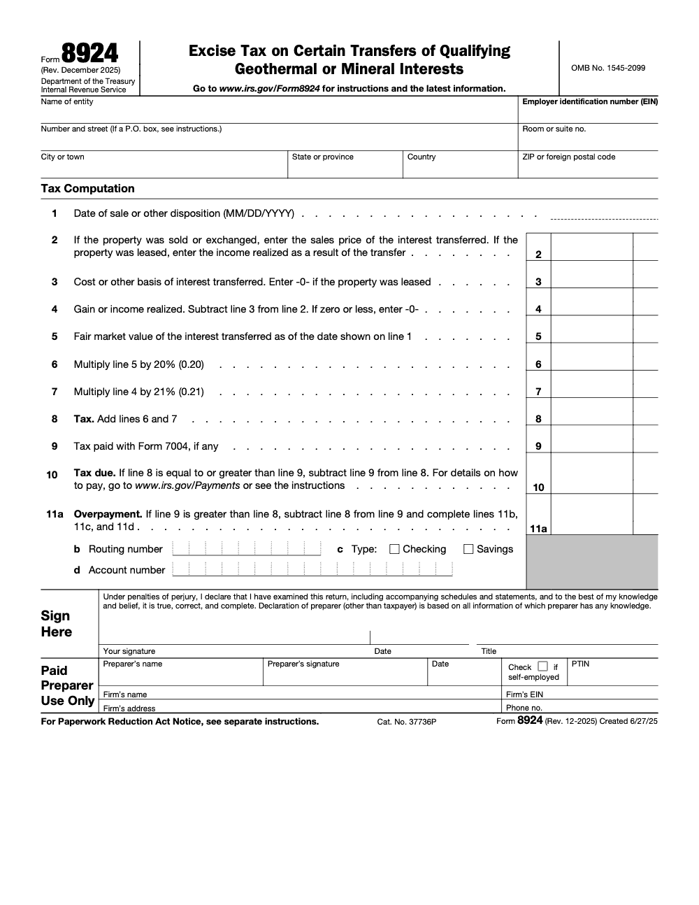 Page 1 of 1 of the official IRS Form 8924 PDF (Rev. December 2025)