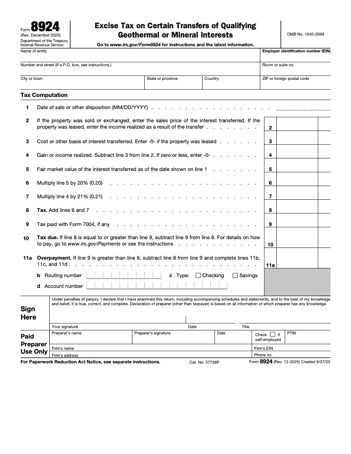 Page 1 of 1 of the official IRS Form 8924 PDF (Rev. December 2025)