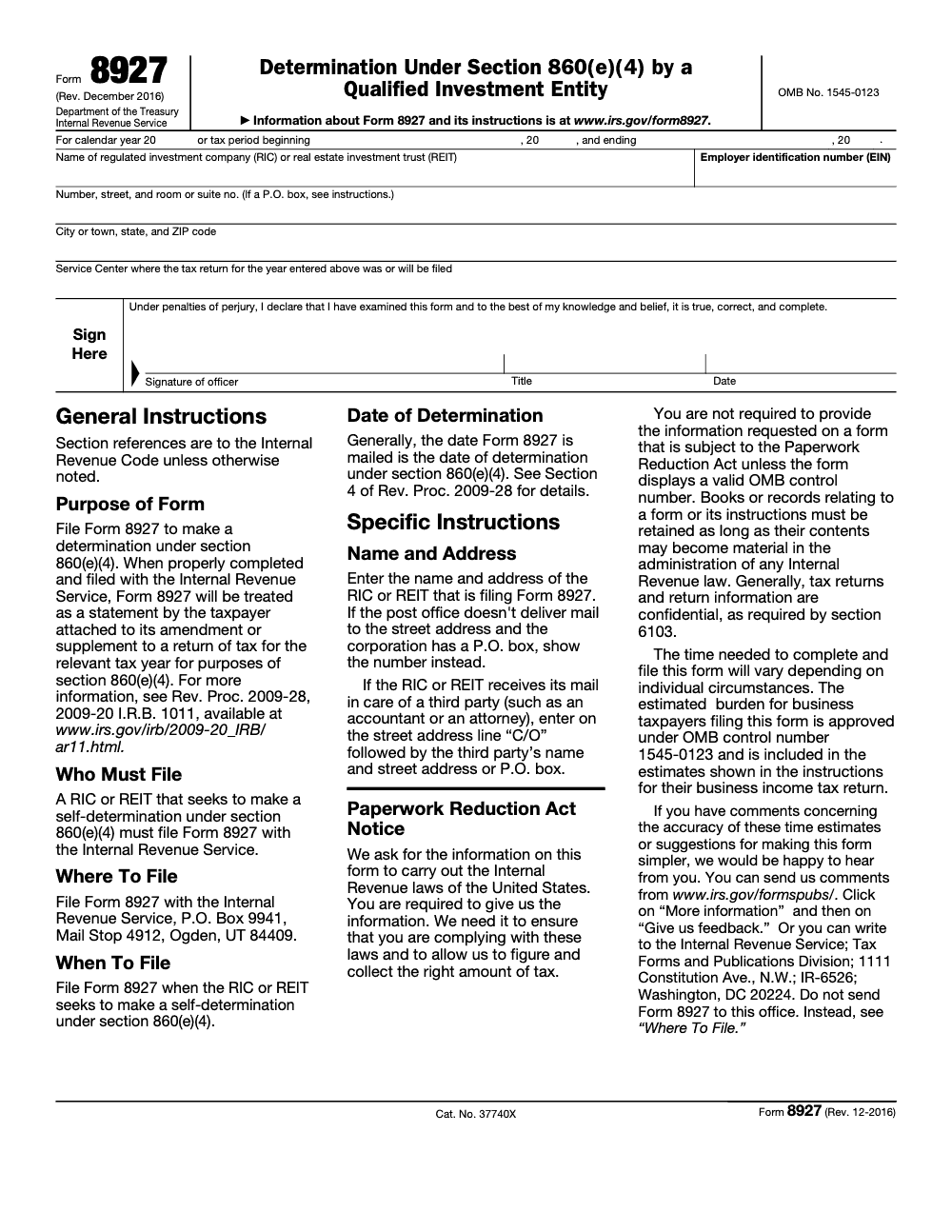 Page 1 of 1 of the official IRS Form 8927 PDF (Rev. December 2016): instructions