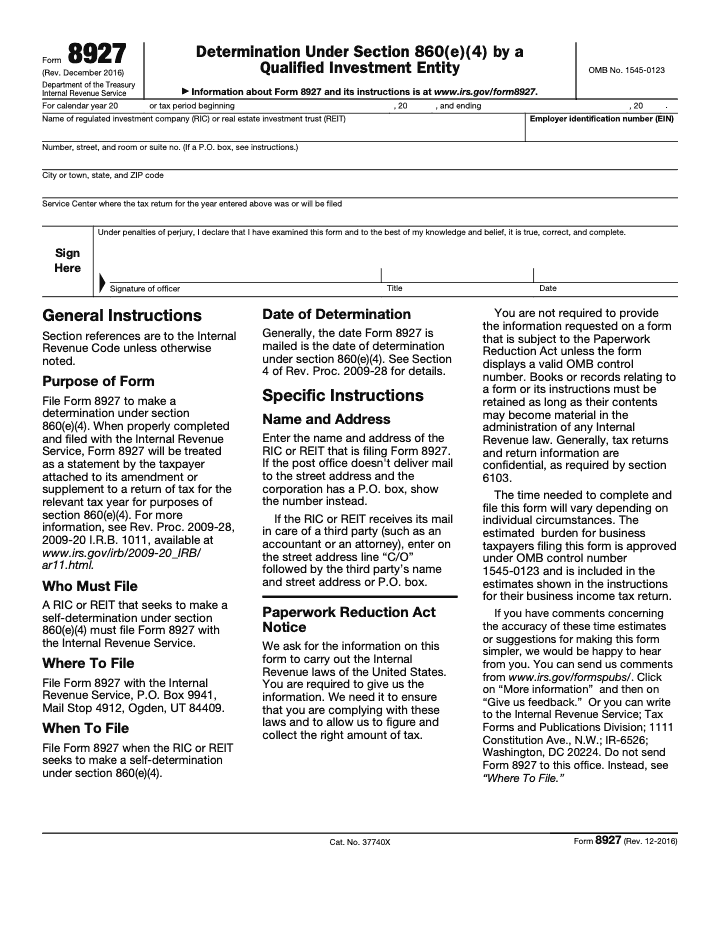 Page 1 of 1 of the official IRS Form 8927 PDF (Rev. December 2016): instructions