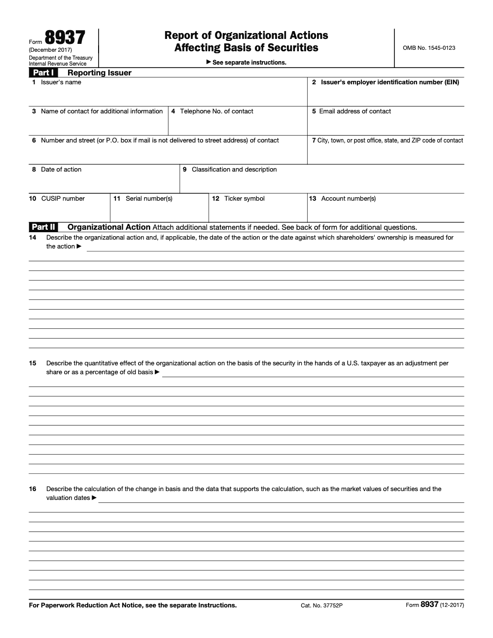 Page 1 of 2 of the official IRS Form 8937 PDF (Rev. December 2017): Parts I, II