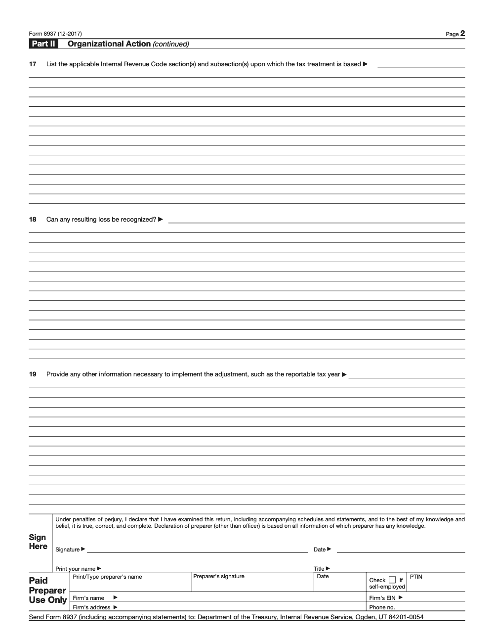Page 2 of 2 of the official IRS Form 8937 PDF (Rev. December 2017): Part II